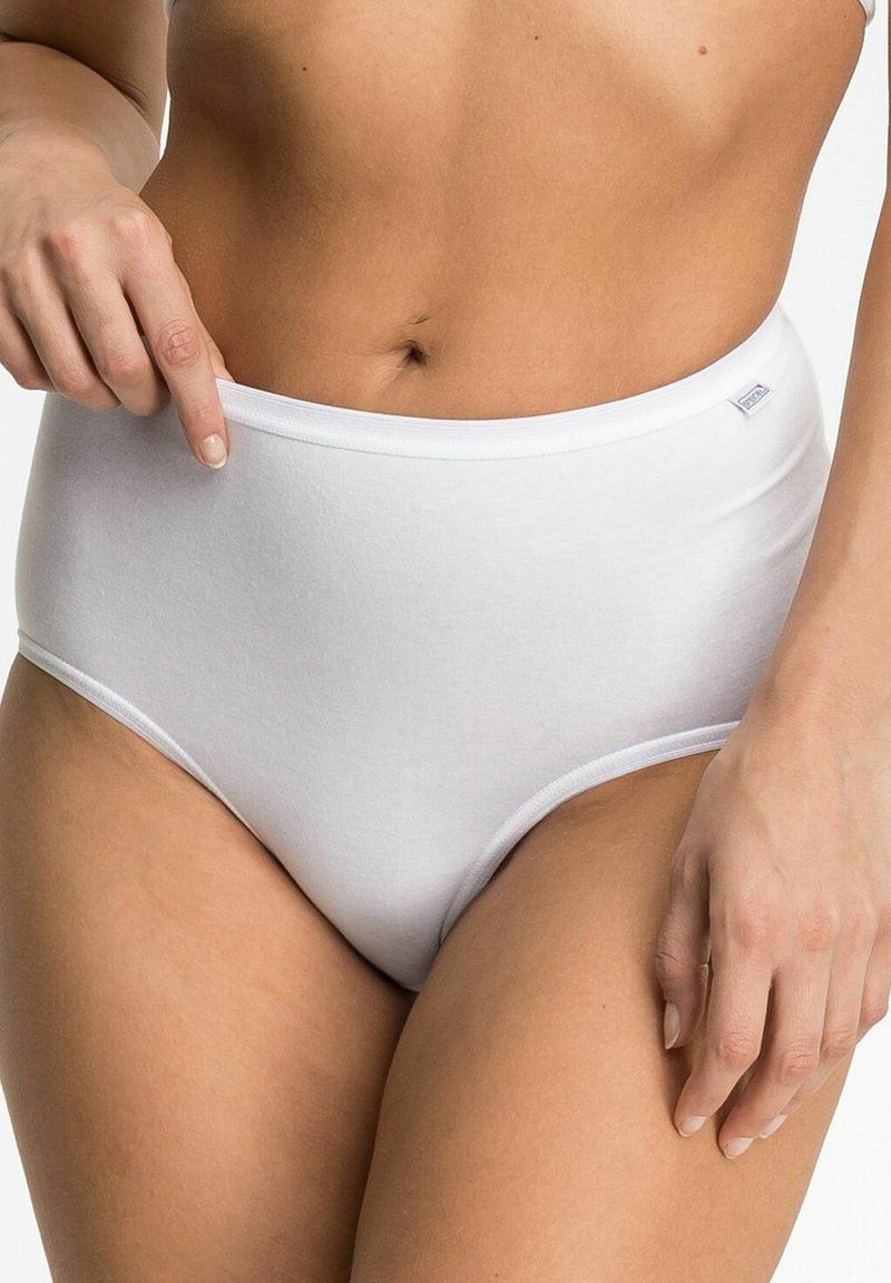 High-waisted white cotton brief with a smooth texture, elastic waistband, and minimal seam detailing, showcasing a classic, simple design.