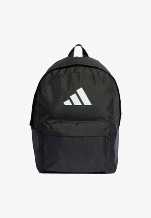 Black fabric backpack with a rounded shape, featuring a front zip pocket and a white three-stripe logo on the top front. Durable material.