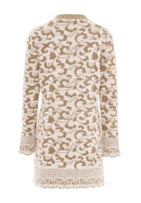 Cardigan lungo e morbido in crema con motivi dorati a spirale. Presenta un collo rotondo, maniche lunghe e dettagli con orlo a onde. Tessuto testurizzato.