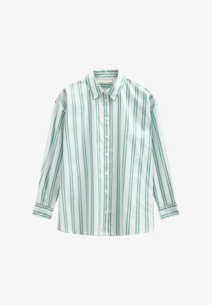 White long-sleeve button-up shirt with green vertical stripes and a classic collar, displayed against a plain white background.