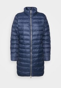 Navy blue puffer coat with a high collar, horizontal quilted design, full front zipper, and long sleeves. Smooth, shiny exterior fabric.