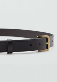 Black leather belt with a smooth texture, featuring a brass buckle and multiple adjustment holes, designed for practical use.