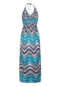Maxi-jurk in een blauw, groen, bruin zigzagpatroon. Kenmerken zijn halternekstrikken, een geplooid lijfje en een vloeiende onderkant. Glad stoftextuur.