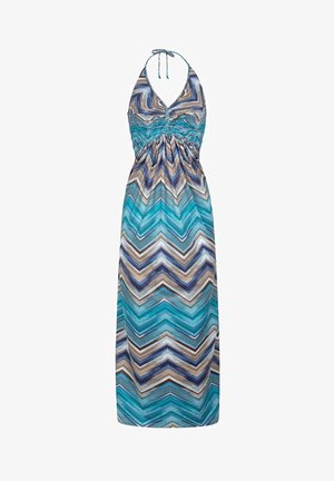 Maxi kjole i et blåt, grønt og brunt zigzag mønster. Har halsbånd med knytninger, en samlet bodice og en flydende bund. Glat stofoverflade.