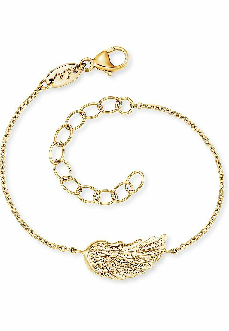 Bracciale in tono oro con un delicato charm a forma di ala, caratterizzato da dettagli intricati delle piume, e una chiusura a moschettone con catena regolabile.