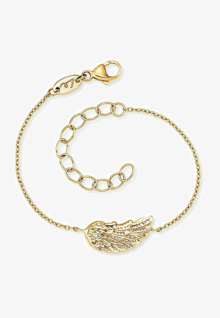 Bracciale in tono oro con un delicato charm a forma di ala, caratterizzato da dettagli intricati delle piume, e una chiusura a moschettone con catena regolabile.