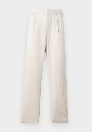 Light beige wide-leg trousers made of textured fabric, featuring an elastic waistband and two front pleats for added detail.