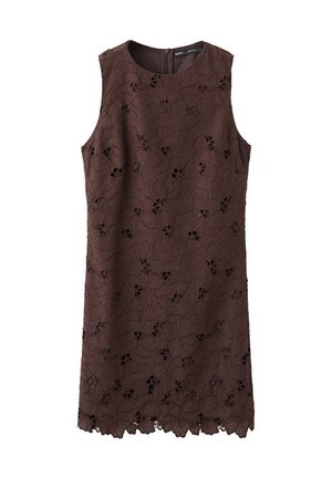 Robe sans manches en dentelle marron foncé avec motif floral, encolure ronde et ourlet festonné, fermeture éclair au dos.