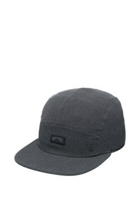 Grey cap made of textured fabric. Flat brim with a rounded top, featuring a black label on the front. Stitching visible along seams.