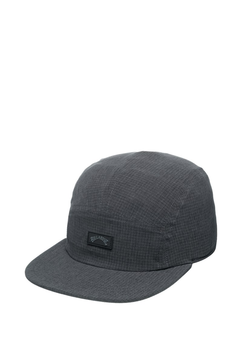 Grey cap made of textured fabric. Flat brim with a rounded top, featuring a black label on the front. Stitching visible along seams.