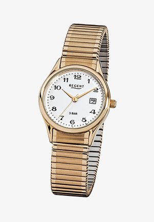 Montre-bracelet dorée avec cadran blanc, chiffres arabes noirs, trois aiguilles dorées, guichet de date à 3 heures et bracelet métallique extensible.