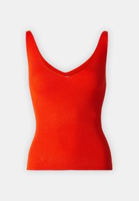 Débardeur rouge côtelé avec un décolleté en V, doté de bretelles larges et d'une silhouette ajustée, fabriqué dans un tissu doux et extensible.