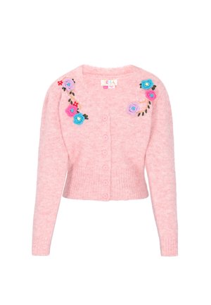 Roze gebreide cardigan met een fuzzy textuur, voorzien van bloemembroidery in blauw, paars en rood. Vijf knopen aan de voorkant, kort model.