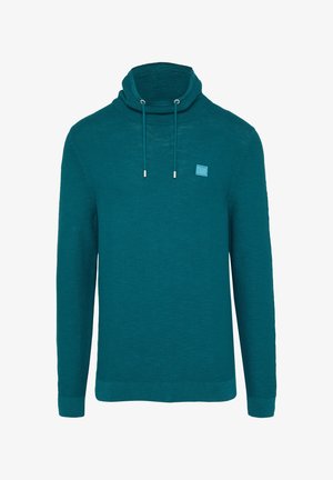 Turkusowy sweter z golfem, długimi rękawami, regulowanym sznurkiem i małą naszywką z logo. Teksturowana tkanina o luźnym kroju.