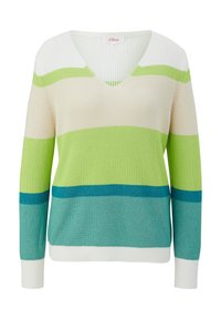 Sweter dzianinowy z dekoltem w kształcie litery V, prążkowaną teksturą i poziomymi paskami w odcieniach zieleni, kremu i lazurowego. Długie rękawy i białe mankiety.