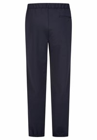 Marineblauwe sportbroek van gladde stof, met een elastische tailleband, taps toelopende pijpen en een achterzak met knoopsluiting.
