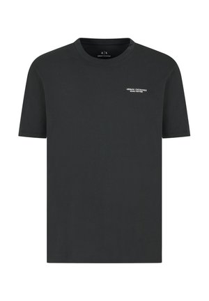 Maglietta nera in cotone con maniche corte e collo rotondo. Caratterizzata da testo stampato bianco: "ARMANI EXCHANGE MILANO NEW YORK."