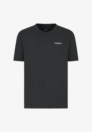 Maglietta nera in cotone con maniche corte e collo rotondo. Caratterizzata da testo stampato bianco: "ARMANI EXCHANGE MILANO NEW YORK."