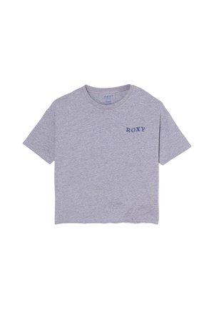 Jasnoszara krótka koszulka z krótkim rękawem, okrągłym dekoltem i małym ciemnoniebieskim logo "ROXY" na górnej lewej części piersi.