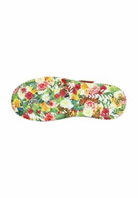 Semelle à motif floral coloré avec des roses rouges, jaunes et roses sur fond blanc, présentant des rainures texturées pour une meilleure adhérence.