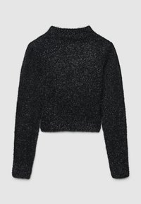 Schwarzer, kurze geschnittene Pullover mit langen Ärmeln. Strukturierter, fusseliger Stoff mit rundem Ausschnitt. Einfaches Design ohne sichtbare Verzierungen.