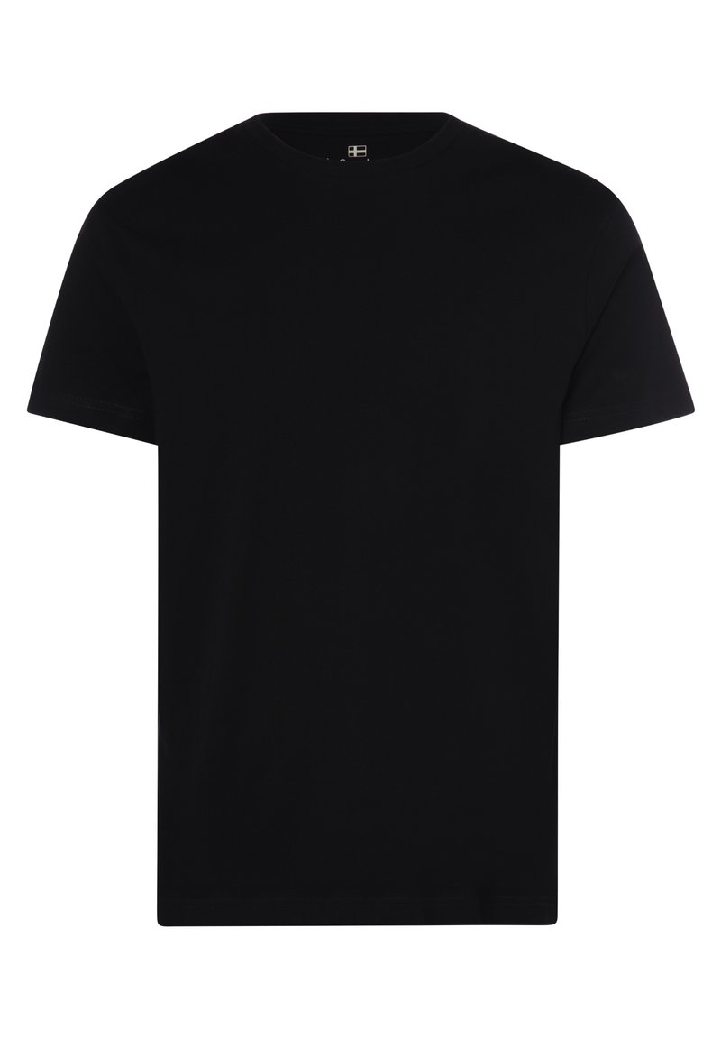 Black cotton t-shirt with a crew neckline, short sleeves, and a straight hem. Smooth texture, minimalistic design, no visible patterns or graphics.