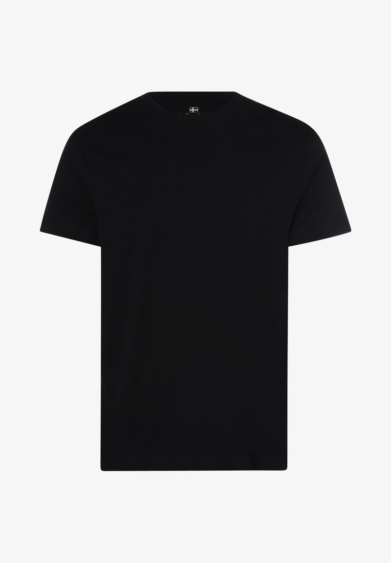 Black cotton t-shirt with a crew neckline, short sleeves, and a straight hem. Smooth texture, minimalistic design, no visible patterns or graphics.