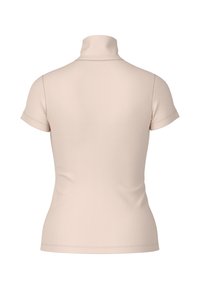 Short-sleeve turtleneck top in soft beige fabric. Features a fitted design and smooth texture with an extended collar.