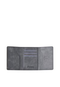 Gray leather wallet with a smooth texture, three card slots, and a side pocket. Features a circular button closure and printed logo.