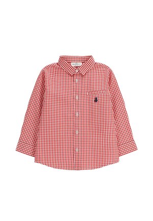Red and white gingham long-sleeve button-up shirt for children with a collar and small embroidered bear on the chest pocket.