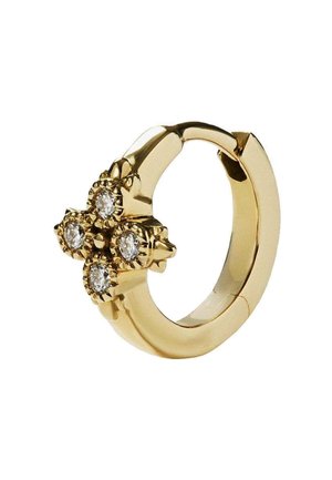 Pendiente de aro de oro con un diseño floral, adornado con cuatro piedras preciosas claras en un centro texturizado y con superficie pulida.