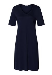 Abito corto blu navy a maniche corte con scollatura a V, realizzato in tessuto morbido, caratterizzato da una vestibilità comoda e dettagli di piega discreti sulla parte anteriore.