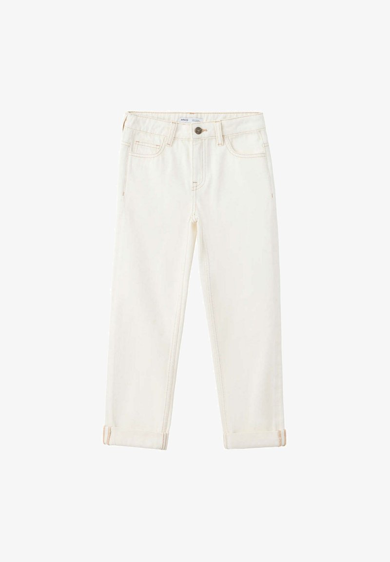 Jean en denim blanc avec revers roulés, bouton devant, fermeture éclair, passants de ceinture et design à cinq poches, présenté sur fond blanc.