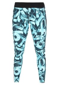 Legginsy z czarnym i turkusowym abstrakcyjnym wzorem pociągnięć pędzla, elastycznym pasem w talii oraz dopasowanym krojem zapewniającym swobodę ruchu i wygodę.