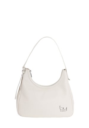 Piccola borsa a tracolla in pelle bianca con una singola cinghia, chiusura con cerniera e un piccolo logo metallico del marchio sul lato inferiore destro.