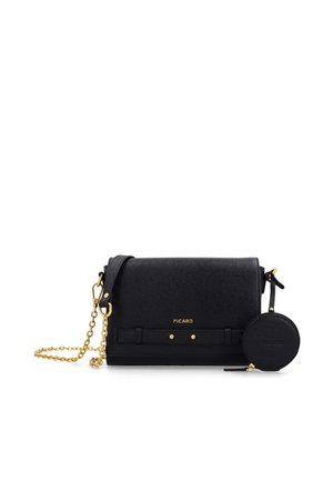 Schwarze Leder-Crossbody-Tasche mit goldfarbigem Kettenriemen und rundem Münzbeutel, vorne mit goldenem "Picard"-Schriftzug.