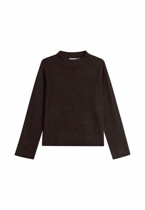 Dunkelbrauner langärmliger Pullover aus weichem Strickstoff. Er verfügt über einen Rundhalsausschnitt und eine figurbetonte Silhouette mit geripptem Saum und Bündchen.