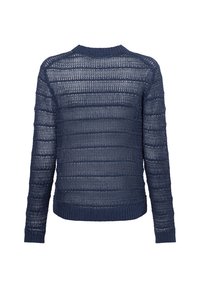 Gebreide marineblauwe sweater met een gestreept patroon, ribbelkraag en manchetten, een losse, ademende textuur en lange mouwen.