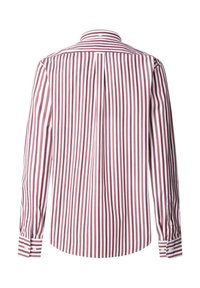 Langärmliges Hemd mit roten und weißen vertikalen Streifen, Button-Down-Kragen, Rückenfalte und Barrel-Ärmeln mit Knopfakzenten. Baumwollstoff.