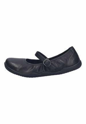 Zapato Mary Jane de cuero negro con correa ajustable de hebilla y suela texturizada, diseñado para uso casual o formal.