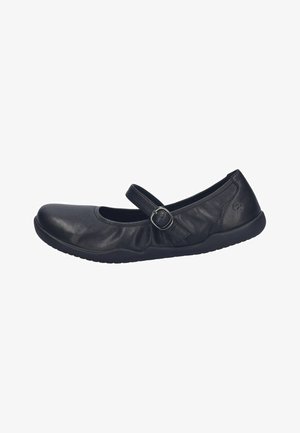 Zapato Mary Jane de cuero negro con correa ajustable de hebilla y suela texturizada, diseñado para uso casual o formal.