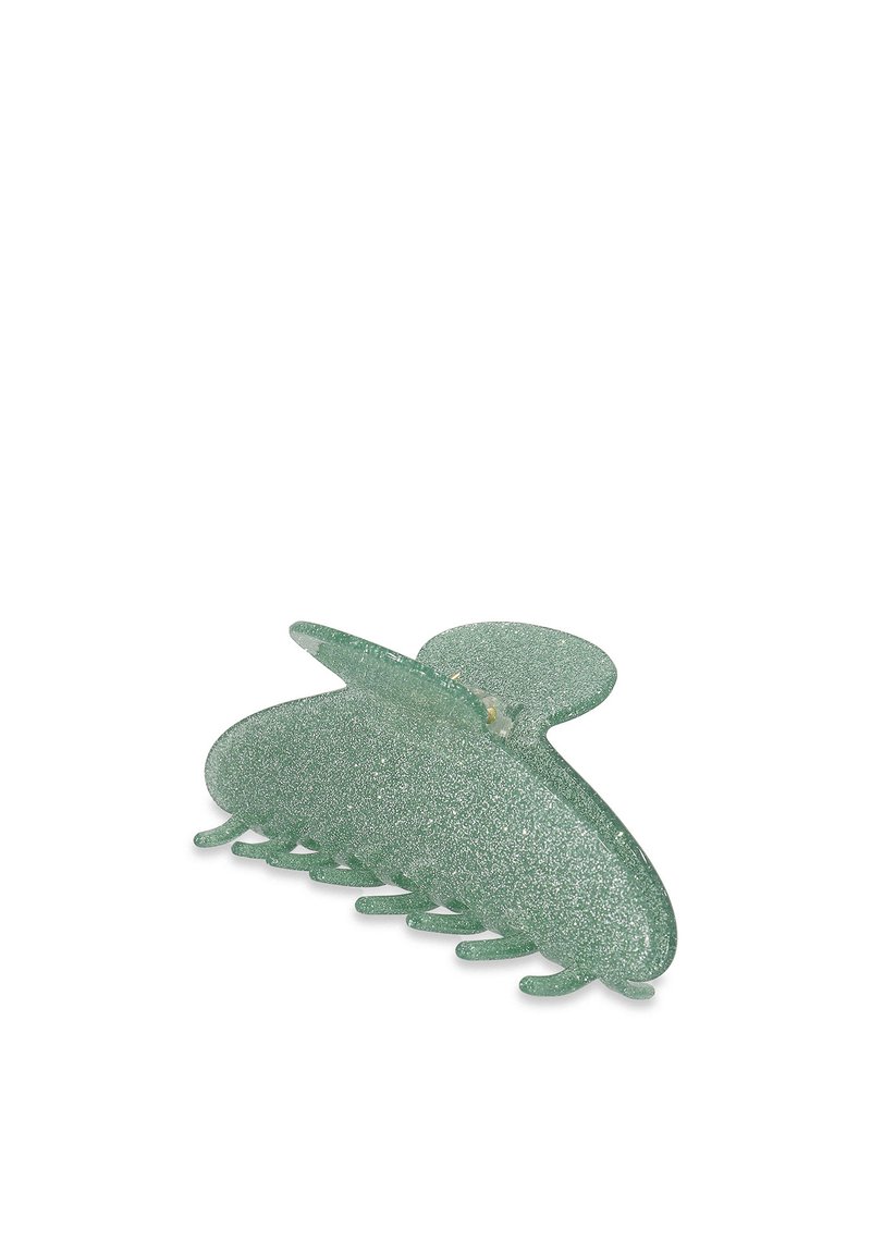 Clip para el cabello de purpurina verde con una forma redondeada similar a una mariposa, que presenta una textura suave y múltiples dientes de agarre en la base.