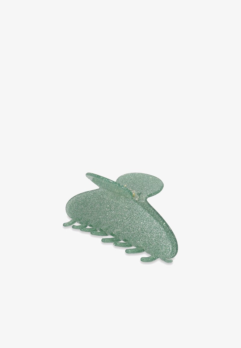 Groene glitters haarspeld met een ronde, vlindervormige uitstraling, met een gladde textuur en meerdere griptenen aan de basis.