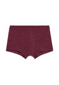 Bordeauxfarbene Boxershorts aus glattem elastischem Material mit eingeprägtem Markentext. Weicher, strukturierter Stoff mit tailliertem Schnitt und kurzen Beinen.