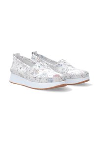 Buty wsuwane z białym wzorem kwiatowym, syntetyczna cholewka, wyściełany kołnierz oraz biała podeszwa z lekkim obcasem. Podeszwa z gumy antypoślizgowej.