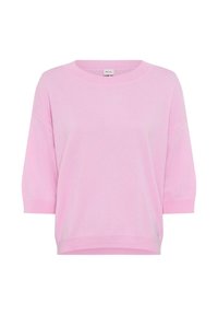 Pull tricoté rose clair avec un col large et des manches trois-quarts. Texture douce et coupe décontractée avec un petit détail d'étiquette de marque.
