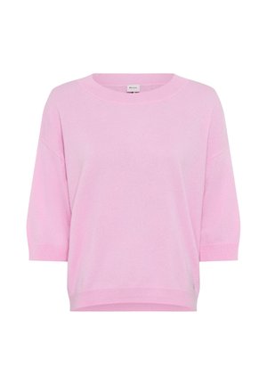 Hellrosa gestrickter Pullover mit weitem Halsausschnitt und dreiviertellangen Ärmel. Weiche Textur und lockere Passform mit einem dezenten Markenlabel-Detail.