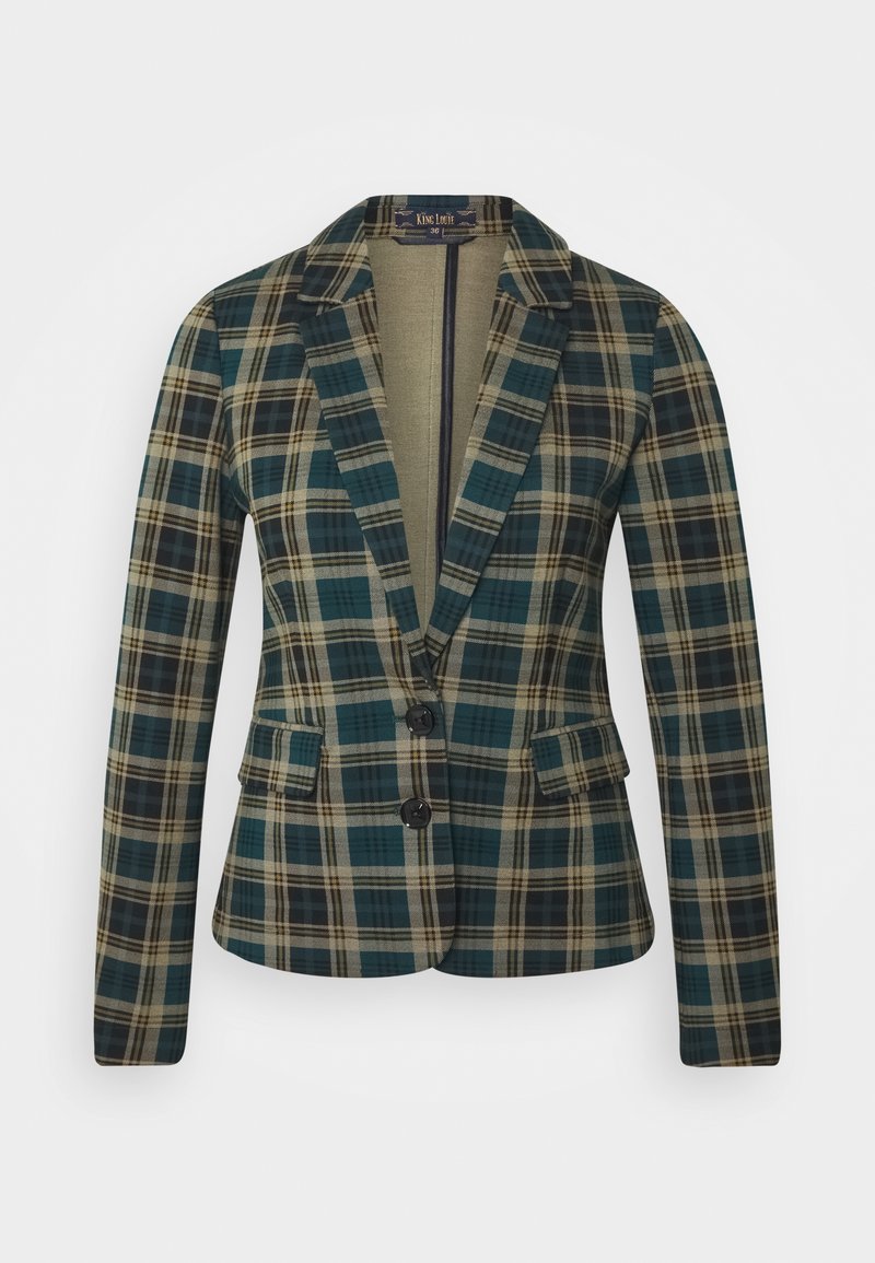 Kostkovaný blejzr v tmavě zelené, béžové a černé barvě. Obsahuje špičaté klopy, dva knoflíky a přední kapsy. Texturovaná tkanina s přiléhavým střihem.