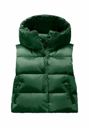 Gilet verde soffice con colletto alto e cappuccio. Presenta un design trapuntato con sezioni orizzontali e due tasche laterali. Tessuto liscio e lucido.