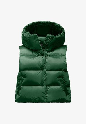 Green puffy vest with a high collar and hood. Features quilted design with horizontal sections and two side pockets. Smooth, shiny fabric.